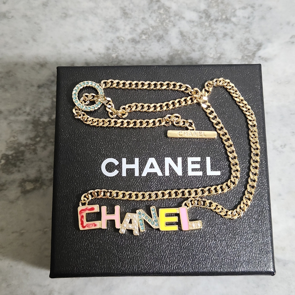 CHANEL Multicolor Enamel Logo Pendant Necklace in Gold✨️
